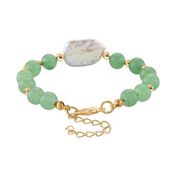 Gr&uuml;ner Aventurin, Wei&szlig;e Keshi Perle Armband, ca. 18cm mit 5cm extender, Reine Legierung goldfarben