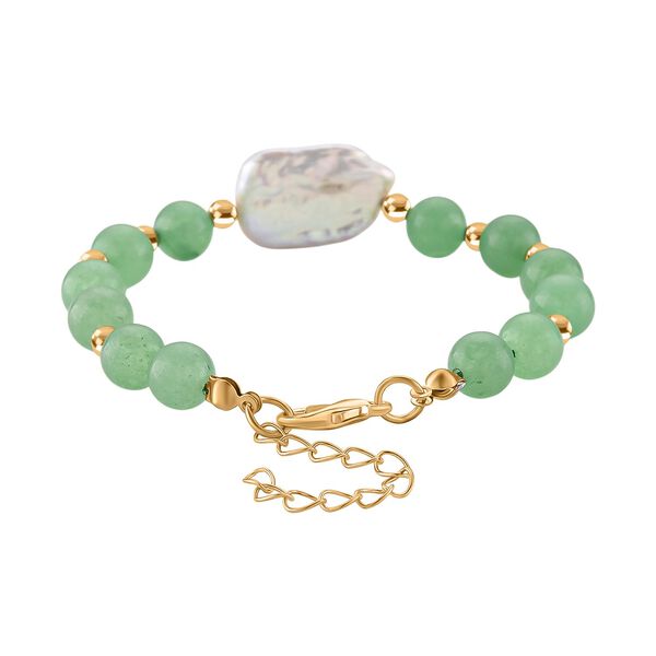 Gr&uuml;ner Aventurin, Wei&szlig;e Keshi Perle Armband, ca. 18cm mit 5cm extender, Reine Legierung goldfarben image number 4