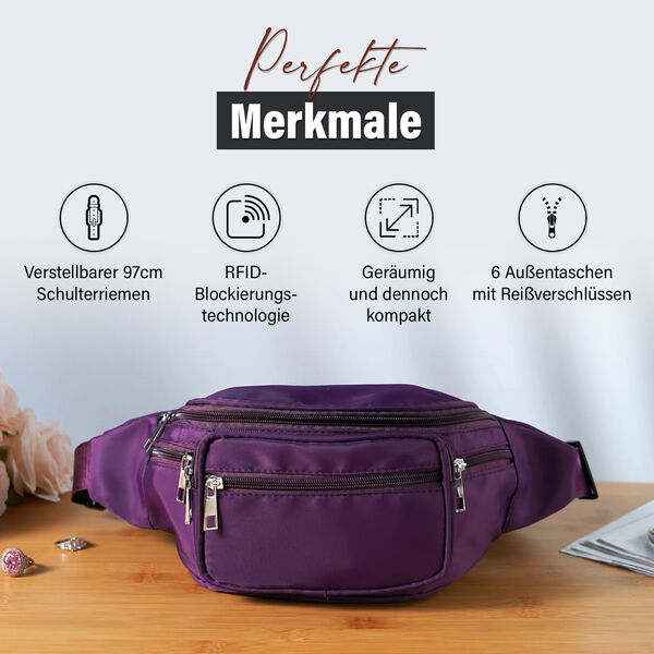 Nylon-G&uuml;rteltasche mit RFID-Schutz, 37x10x13,5cm, Lila image number 4