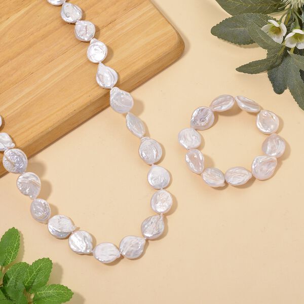 EINMALIGES ANGEBOT - 2er Set Wei&szlig;e Keshi Perl Halskette und Armband, 316L Wei&szlig; Edelstahl image number 2