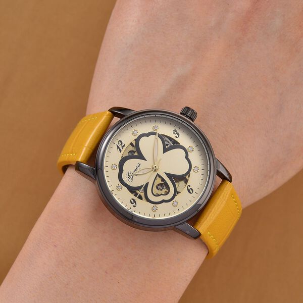 GENOA TIME V2 Automatikuhr mit Automatikwerk, Zifferblatt mit Blumenmuster und Moissaniten, gelbes Lederarmband, 36 mm, ca. 0,08 ct. image number 2