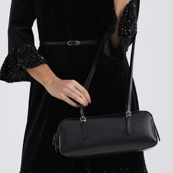 Echtleder Schultertasche, Rei&szlig;verschlussfach, Innenf&auml;cher, 33x12x13cm, Schwarz image number 4