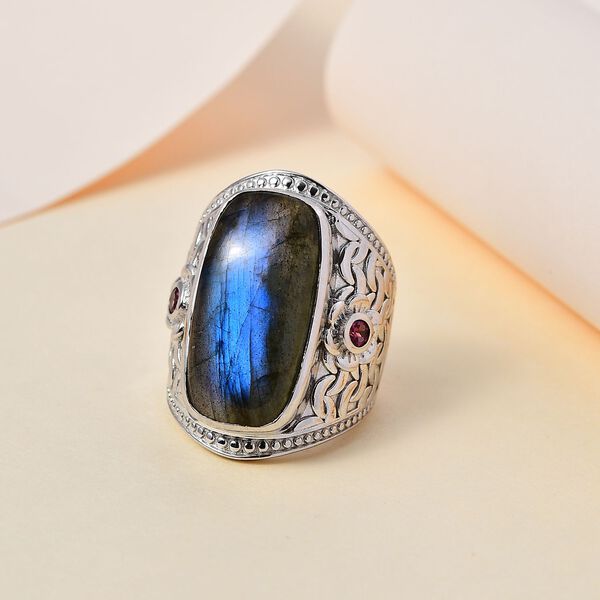 AAA Labradorit, Nat&uuml;rlicher Rhodolith Granat Ring, 925 Silber platiniert, (Gr&ouml;&szlig;e 18.00) ca. 17.68 ct image number 2