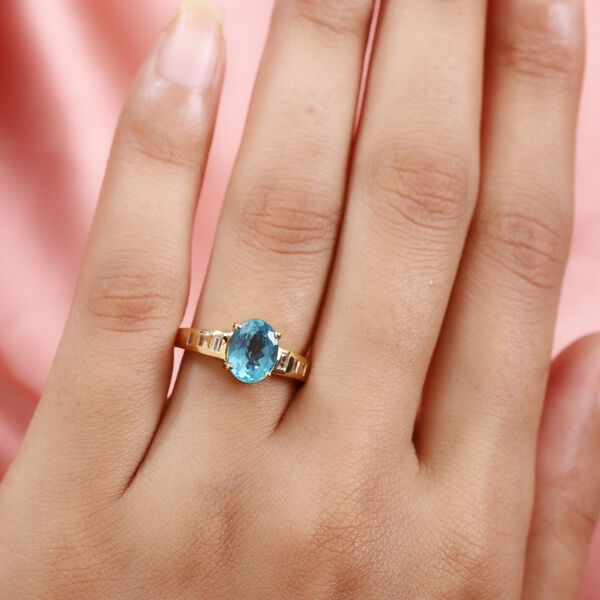 Blauer Apatit und Zirkon Ring 925 Silber 585 Vergoldet image number 3