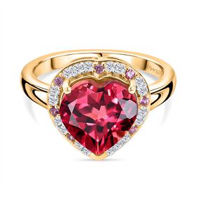 D’joy Synthetischer Padparadscha-Saphir, Moissanit Ring 925 Silber 750 Gelbgold Vermeil (Größe 21.00) ca. 4,93 ct