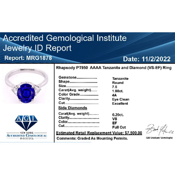 RHAPSODY zertifiziert und geprüft AAAA Tansanit und VS-EF Diamant Ring in 950 Platin- 2,10 ct. image number 10