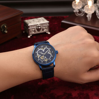 GENOA Automatikuhr mit Automatikwerk, Zifferblatt mit Blumenmuster und Moissaniten, blaues Lederarmband, 36mm