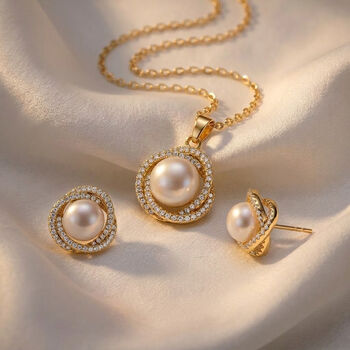 Wei&szlig;er Zirkonia und S&uuml;&szlig;wasserperle Ohrringe und Anh&auml;nger mit 50+5cm Kette