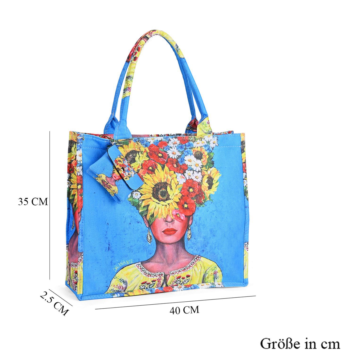Bedrucktes Tote Bag und Geldborsen Set 2 teiliges Set mit Frida Kahlo Motiv robustem Polyester 40 x 35 x 2 5 cm blau