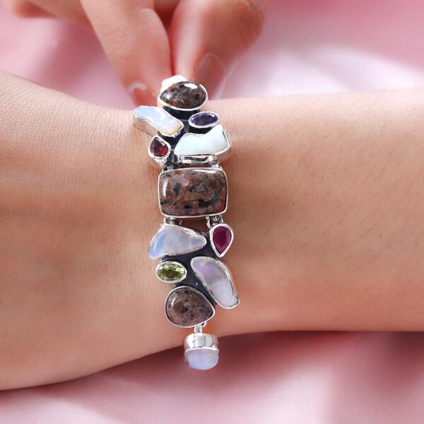 Handgefertigtes Silberarmband mit natürlichen Yooperliten und mehrfarbigen Edelsteinen 19,19 Ct image number 2