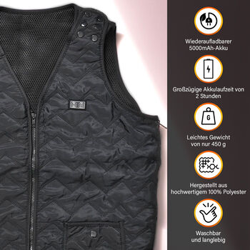Beheizbare Weste mit 3 Heizstufen und 7 Heizzonen inkl. Akku, schwarz