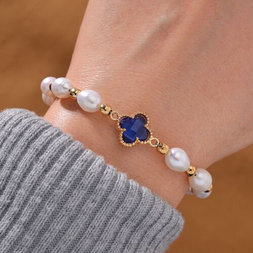 Glas, Weiße Süßwasser Perle Armband BR-Stretch Standard gelb vergoldet image number 1