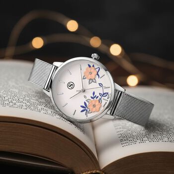 STRADA Uhr mit Japanischem PC21S Werk, Edelstahl-Mesharmband Silberfarben, florales Zifferblatt Wei&szlig; mit Wei&szlig;em Kristall