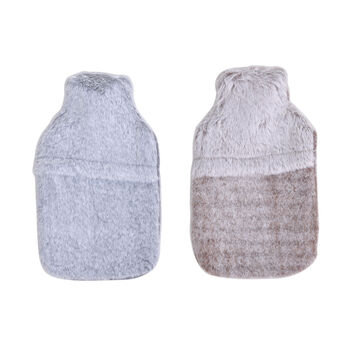 2er-Set W&auml;rmflasche mit superweichem Kunstfell Pl&uuml;schbezug, 2000ml, Gr&ouml;&szlig;e 18x32 cm, Beige und Grau