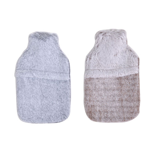 2er-Set Wärmflasche mit superweichem Kunstfell Plüschbezug, 2000ml, Größe 18x32 cm, Beige und Grau image number 0