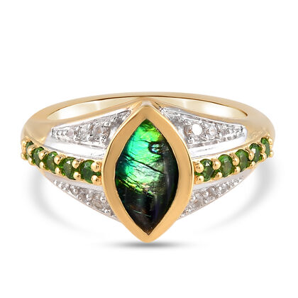 Kanadischer Ammolit und nat&uuml;rlicher Chromdiopsid-Ring, 925 Silber Gelbgold Vermeil (Gr&ouml;&szlig;e 16.00) ca. 1,50 ct