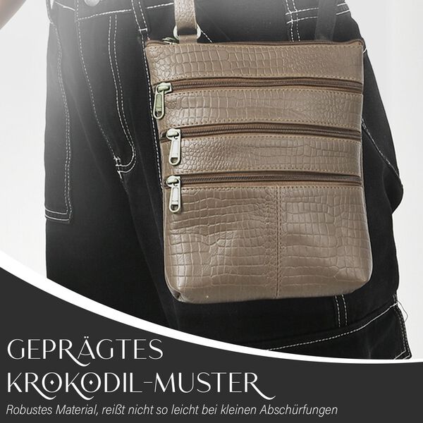 Echtleder Crossbody Tasche mit Kroko-Prägung, Taupe image number 3