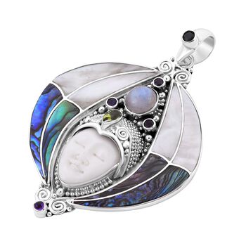 Sajen Silver- Ochse Knochen, Regenbogen Mondstein und Multi Edelstein Anh&auml;nger - 12,88 ct.