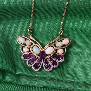 GP - AA Afrikanischer Amethyst, Nat&uuml;rlicher, &auml;thiopischer Welo Opal Halskette ca. 45 cm 925 Silber Rhodiniert und 750 Gelbgold Vermeil ca. 5,67 ct.