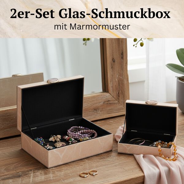 Set aus 2 Schmuckkästchen mit Marmor-Design aus Glas, Samtfutter, ca. 28 x 18 x 10 cm und 21 x 12 x 7 cm, Braun Schwarz-Marmor