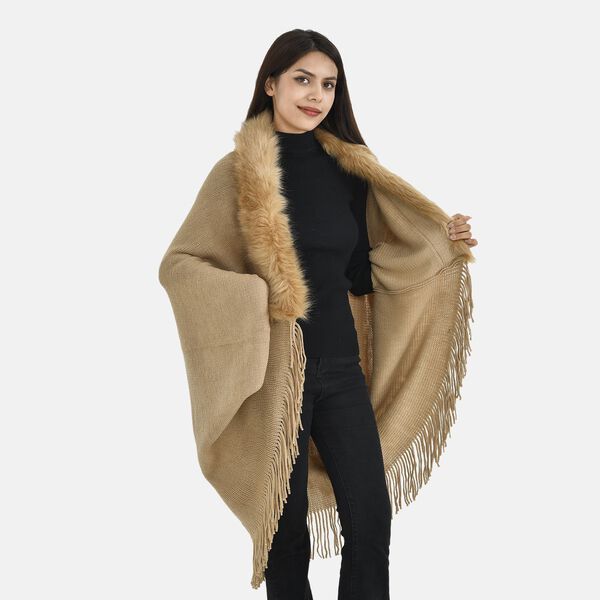 LA MAREY luxuri&ouml;ser Kunstfell-Kimono mit Fransen, Beige image number 4