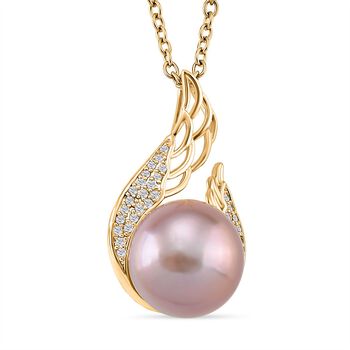 Lila Edison Perle (9-11 mm), Wei&szlig;er Zirkonia Anh&auml;nger mit Kette, ca. 50 cm Nickelfreies Messing, Reines Kupfer vergoldet