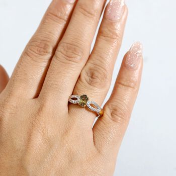 Nat&uuml;rlicher goldener Tansanit, Wei&szlig;er Zirkon Ring 925 Silber 750 Gelbgold Vermeil (Gr&ouml;&szlig;e 20.00) ca. 0.87 ct