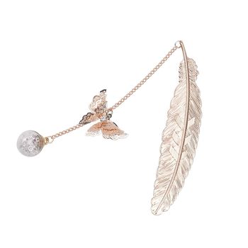 Metallfeder-Lesezeichen mit 3D-Schmetterling und ewigem Blumen-Glaskugel, ros&eacute;farben mit Weisse Kristalle