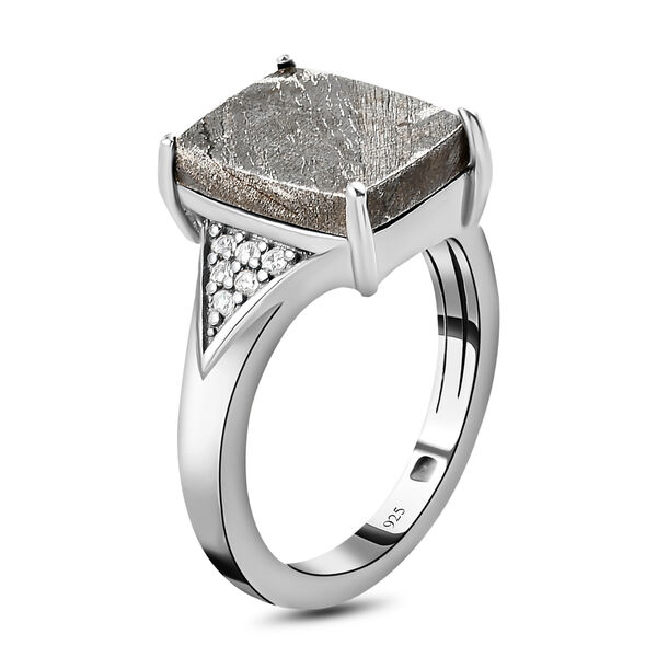 Meteorit und wei&szlig;er Zirkon-Ring, 925 Silber platiniert (Gr&ouml;&szlig;e 16.00) ca. 7.68 ct image number 5