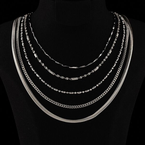 5er-Set Halsketten, ca. 45 cm + 5 cm Extender, Nickelfreies Messing Silberfarben image number 2