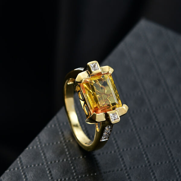 Feuerrahmen-Design - D'Joy Sphaleros Quarz, Wei&szlig;er Zirkon Ring. 925 Silber 750 Gelb Vergoldet (Gr&ouml;&szlig;e 18.00) ca. 4.20 ct image number 2