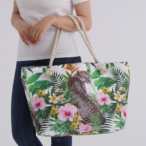 Handbemalte Tasche mit verstellbarem Kordelriemen, 50x17x38cm, Blumen mit Leopardenmuster image number 3