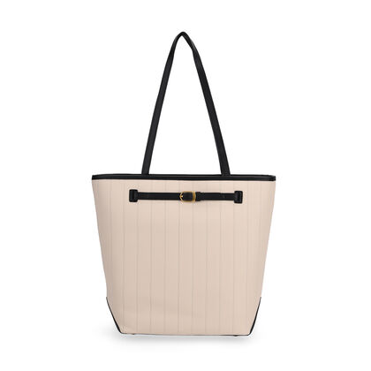 Shopper Tasche aus Echtleder mit Zierschnalle und Doppelgriffen, Metallf&uuml;&szlig;e, 25x11x32 cm, Wei&szlig;