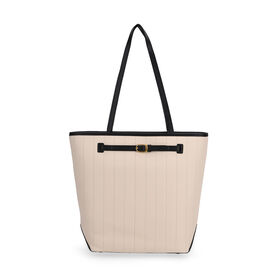 Shopper Tasche aus Echtleder mit Zierschnalle und Doppelgriffen, Metallfüße, 25x11x32 cm, Weiß