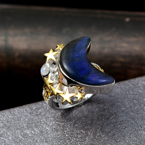 D'Joy AAA Labradorit, Regenbogen Mondstein Ring 925 Silber Rhodiniert und 750 Gelbgold Vermeil (Gr&ouml;&szlig;e 18.00) ca. 10.41 ct image number 2