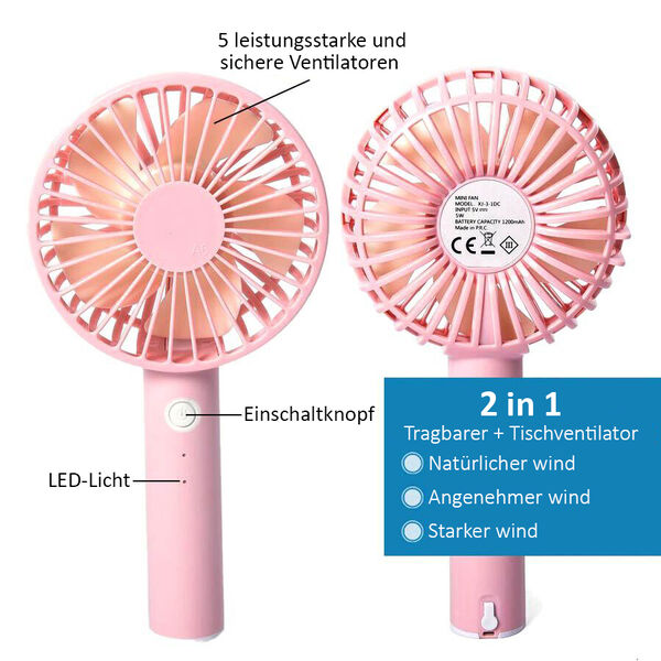 Tragbarer Mini-Ventilator mit 3 Geschwindigkeitsstufen, inklusive Batterie, Rosa image number 4