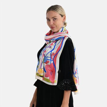 LA MAREY Signature Seidenschal aus 100% Maulbeerseide, 55 x 170 cm, Creme mit Multicolor-Print