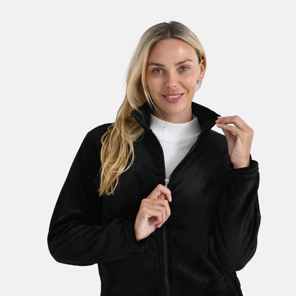 LA MAREY - Velvet Kuschel Jacke mit Reißverschluss und 2 Taschen, Schwarz, L/XL image number 5