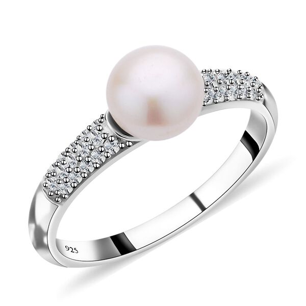 Wei&szlig;e S&uuml;&szlig;wasserzuchtperle, Wei&szlig;er Zirkon Ring 925 Silber rhodiniert (Gr&ouml;&szlig;e 16.00) ca. 0,39 ct image number 4