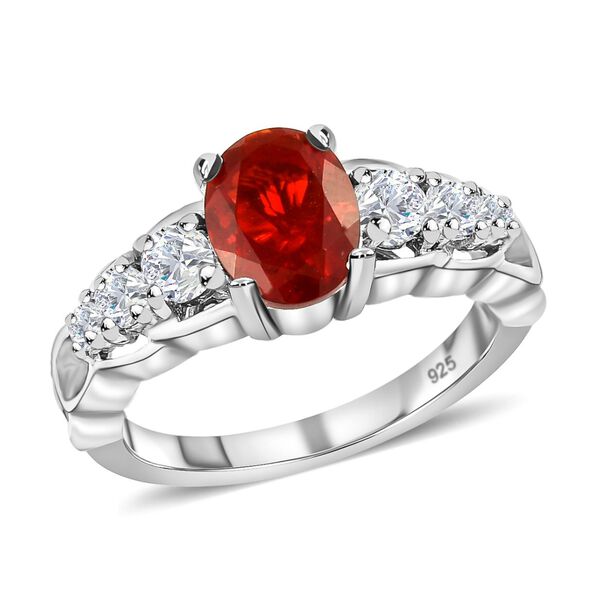 Mexikanischer Kirschfeuer-Opal und Zirkon Ring 925 Silber Platin-&Uuml;berzug image number 4