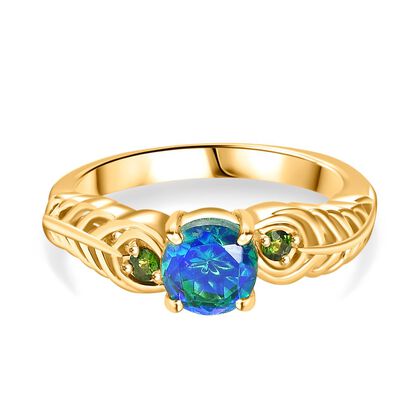 Pfau Quarz Triplette, Nat&uuml;rlicher Chromdiopsid Ring 925 Silber 750 Gelbgold Vermeil (Gr&ouml;&szlig;e 21.00) ca. 1,04 ct