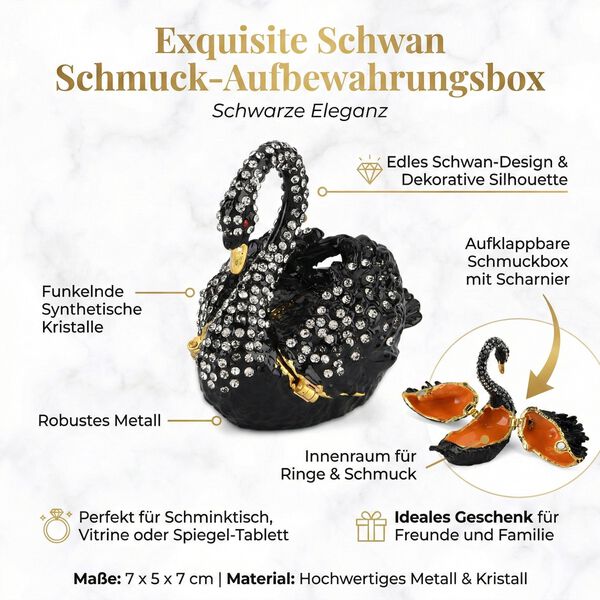 Schwan Schmuckdose Metall und Kristalloptik 7 x 5 x 7 cm, Schwarz image number 2