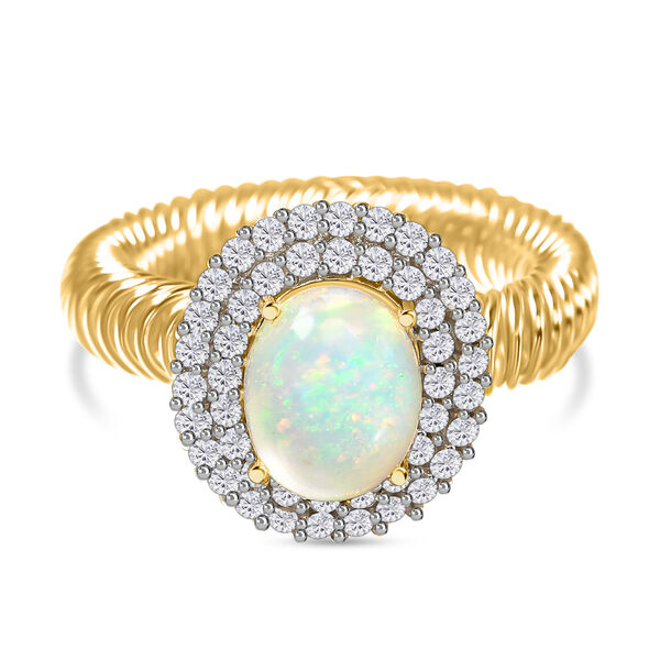 Nat&uuml;rlicher &Auml;thiopischer Opal und Zirkon Halo Ring 925 Silber Gelbgold Vermeil