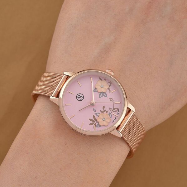 STRADA Uhr mit Japanischem PC21S Werk, Edelstahl-Mesharmband, florales Zifferblatt Rosa mit Weißem Kristall, Rosévergoldet image number 1