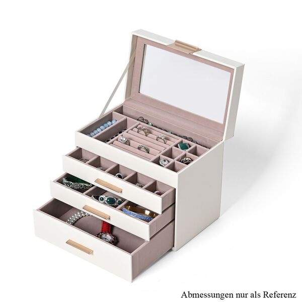 Schmuckbox, 4 Schichten mit Chic-Griff und Glasfenster , wei&szlig;