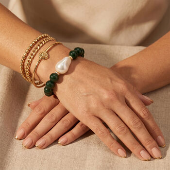 Verde Onyx, Wei&szlig;e Muschelkernperle, Wei&szlig;er Zirkonia Armband ca. Flexibles cm Standard gelb vergoldet