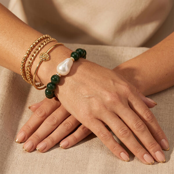 Verde Onyx, Wei&szlig;e Muschelkernperle, Wei&szlig;er Zirkonia Armband ca. Flexibles cm Standard gelb vergoldet image number 3
