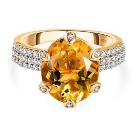 AA Citrin, Weißer Zirkon Ring, 925 Silber vergoldet (Größe 19.00) ca. 4.92 ct