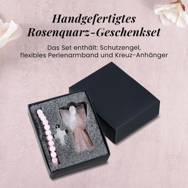 3er-Rosenquarz-Set – Engel, Kreuzanhänger und Armband image number 2