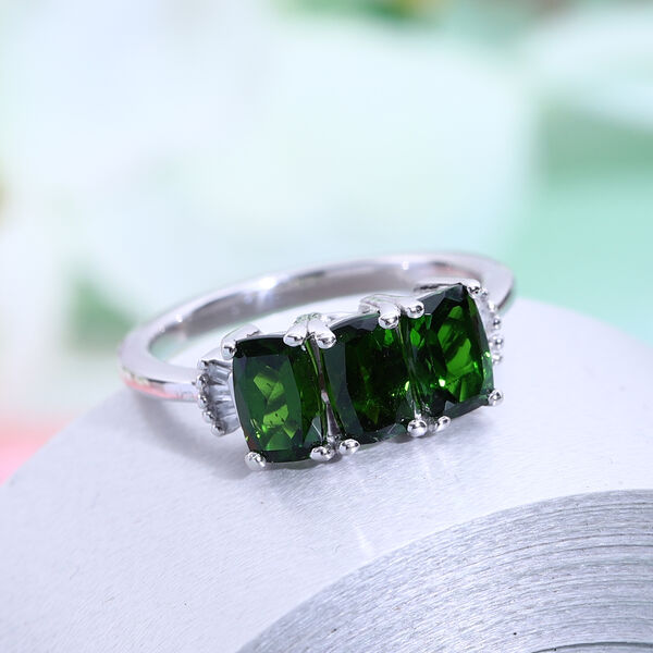 Nat&uuml;rlicher Chromdiopsid und Diamant 3 Stein Ring 925 Silber platiniert  ca. 2,14 ct image number 2